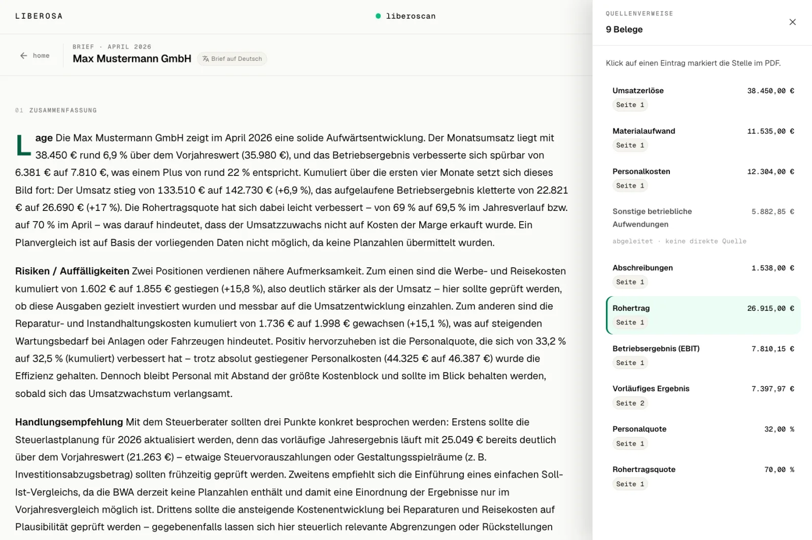A finished Liberoscan briefing with summary and key figures